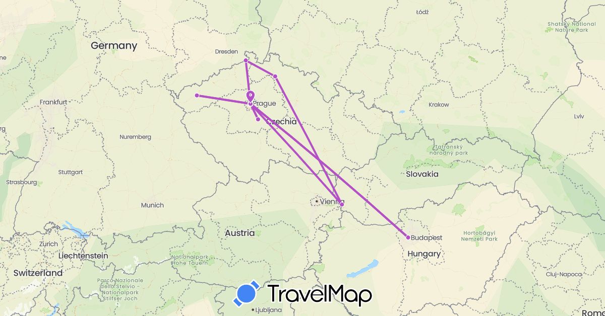 TravelMap itinerary: driving, train in Czech Republic, Hungary, Slovakia (Europe)